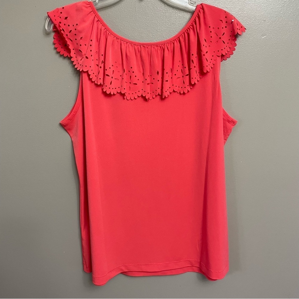 Susan Graver women’s size large Liquid Knit Top with Laser Cut Ruffle Coral Reef - Picture 6 of 9